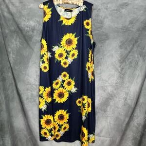 NEW Summer Dress Women 3XL Yellow Sunflowers Navy Midi Comfy Garden Party